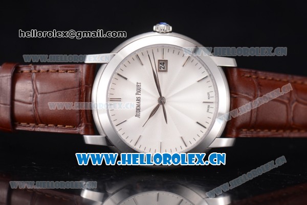 Audemars Piguet Jules Audemars Clone AP Calibre 3120 Automatic Steel Case with White Dial Stick Markers and Brown Leather Strap - 1:1 Original (EF) - Click Image to Close